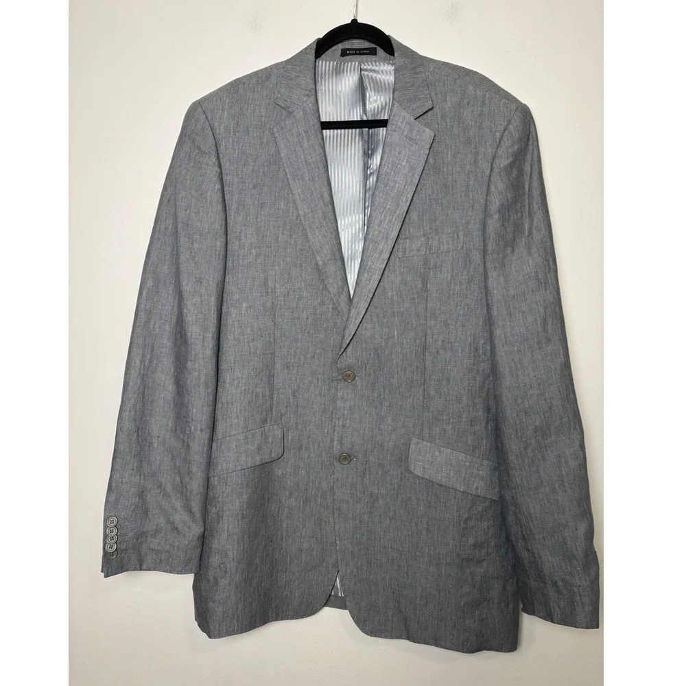 Milano Moda Mens Linen Blazer 42L‎ Grey Two Button Summer Sport Coat Jacket